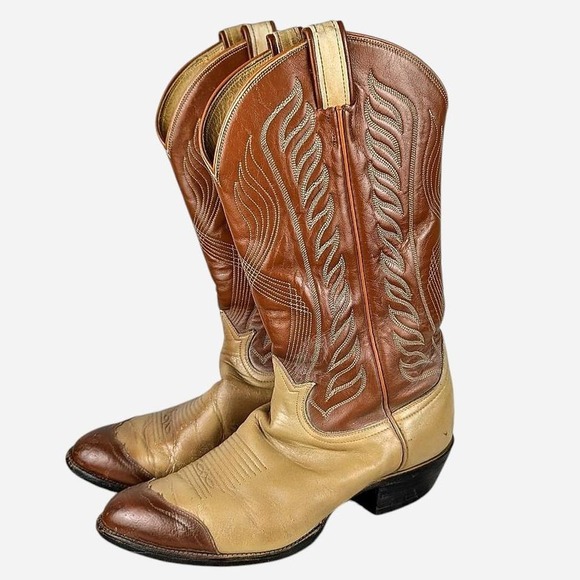 Vintage Tony Lama Western Cowboy Boots Brown Leather Men's 8.5D - Picture 2 of 6